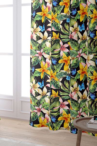 Cango Home Black Multicolored Tropical Patterned Digital Printed Curtain Otyk791-pr