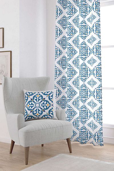 Cango Home White Blue Modern Ethnic Tile Patterned Digital Printed Curtain Cgh563-pr