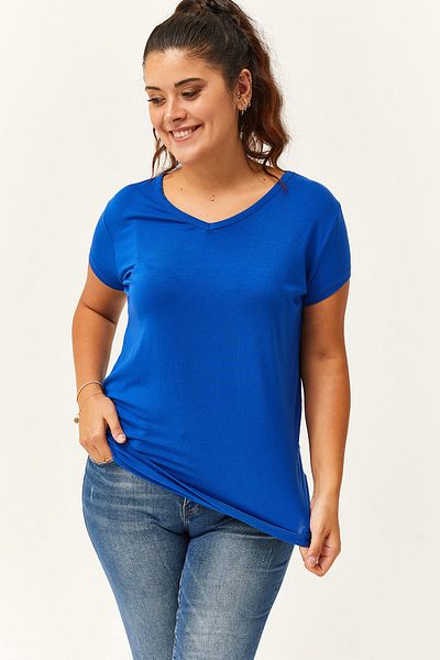Ebsumu Tricou albastru cu maneca scurta cu decolteu in V - Marime Plus pentru dama