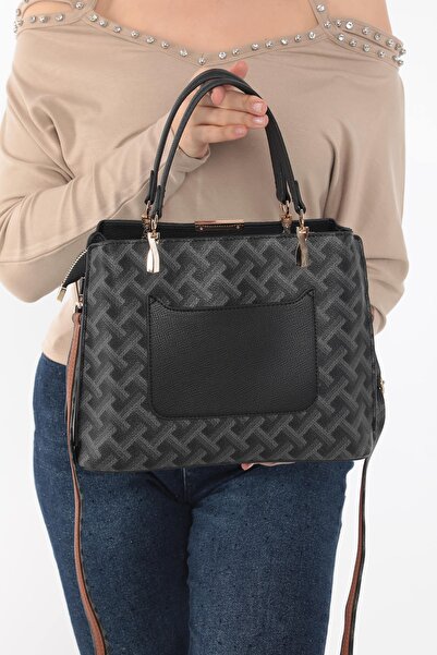 Piedra Black Tan Color Three Dimensional Patterned New Season Women's Bag with Hand and Shoulder Strap