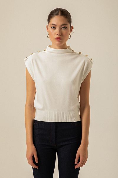 rue Ecru Knitwear Blouse with Shoulder Button Detail