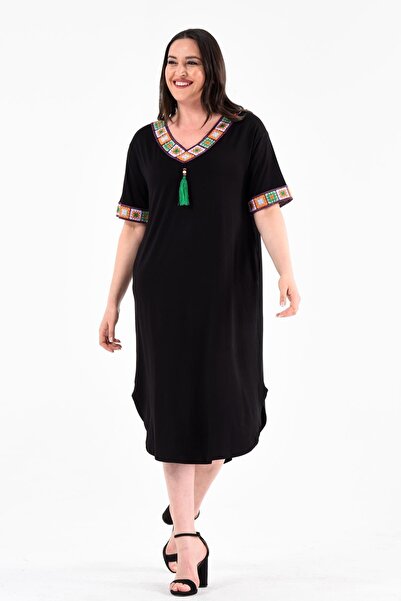 Ebsumu Rochie neagră cu ciucuri, detaliu Garni tricotat, mărime mare, pentru ...