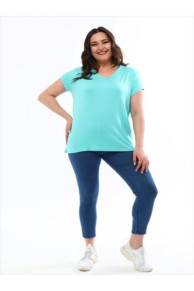 Ebsumu Women's Plus Size V-Neck Basic Short Sleeve Turquoise T-Shirt