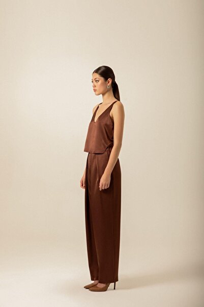 rue Satin V-Neck Brown Blouse