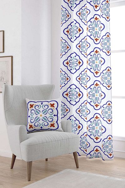 Cango Home White Blue Modern Ethnic Tile Patterned Digital Printed Curtain Cgh573-pr