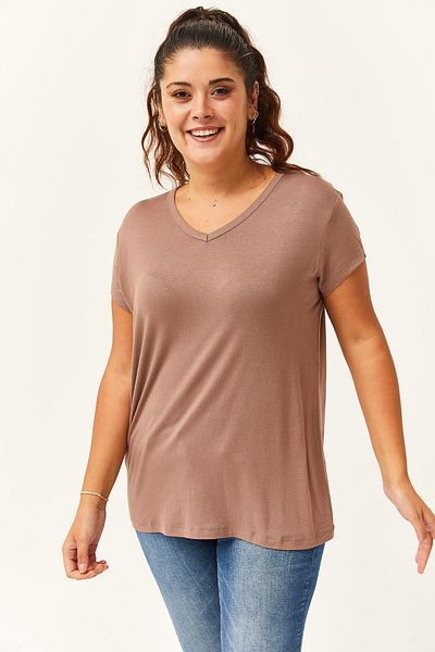 Ebsumu Women's Large Size V-Neck Basic Short Sleeve Mink T-Shirt