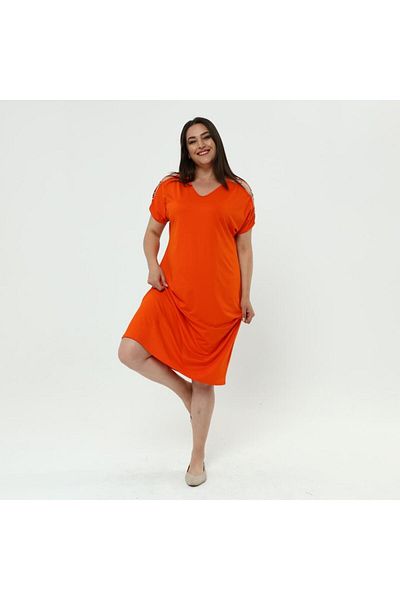 Ebsumu Plus Size Orange Ring Detailed Shoulder and Back Dress