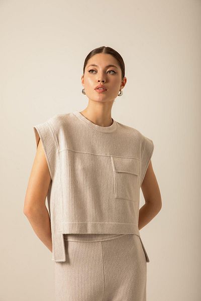 Rue Studio Πλεκτή πέτρινη μπλούζα με μονή τσέπη μπροστά