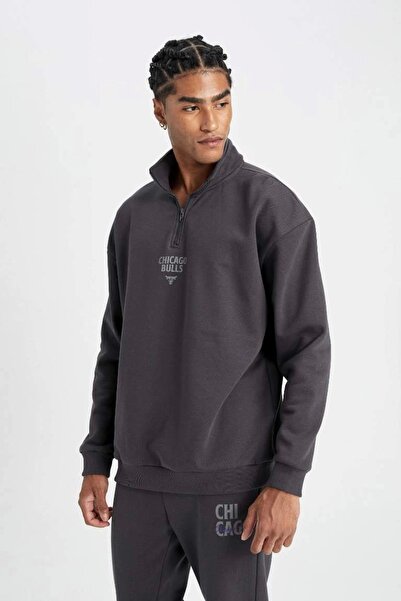 DeFacto C9261 Fit Nba Chicago Bulls Oversize Fit Dik Yaka Fermuarlı Kalın Sweatshirt