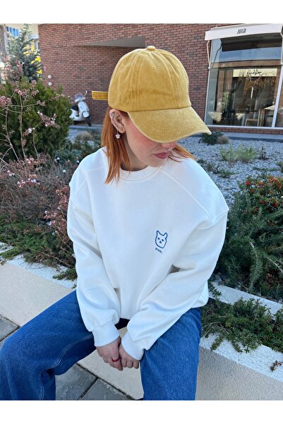 Lesin Bisiklet Yaka İçi Polarlı Oversize Meow İşlemeli Beyaz Sweat