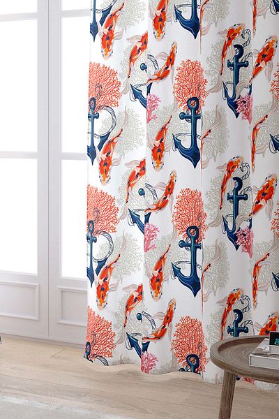 Cango Home Orange White Fish Marine Patterned Digital Printed Curtain Cgh013-pr