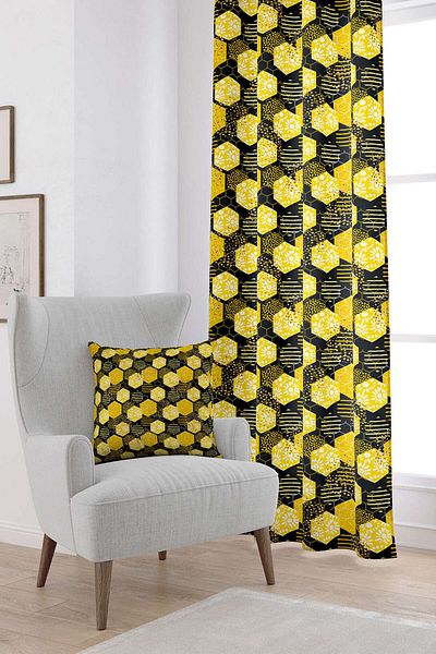 Cango Home Yellow Black Honeycomb Daisy Patterned Digital Printed Curtain Cgh1192-pr