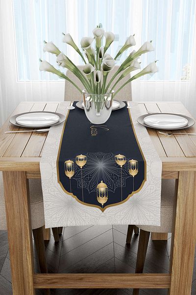 Cango Home Navy Blue White Ramadan Themed Patterned Digital Printed Runner Cgh1293-rn