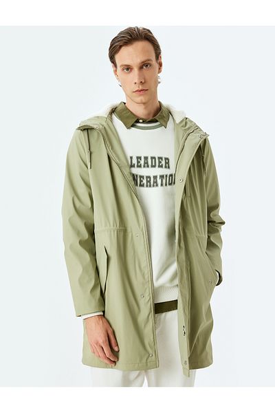 Koton Hooded Slim Fit Zippered Faux Leather Raincoat