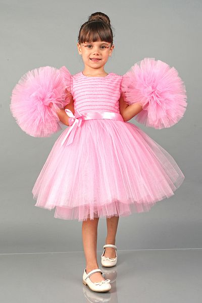 Mixie Pink Pompom Sleeves Tulle Girls' Evening Dress Party Dress