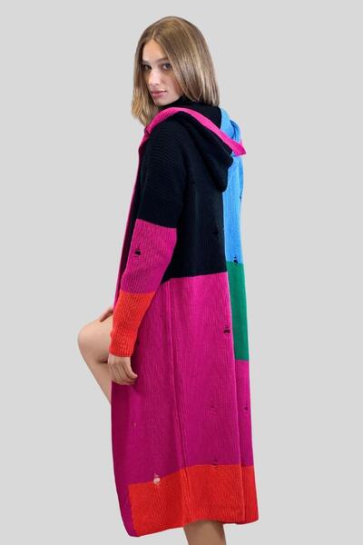 Miss Poem Kadın Renkli Kapüşonlu Yırtıklı Uzun Bol Tesettür Triko Hırka