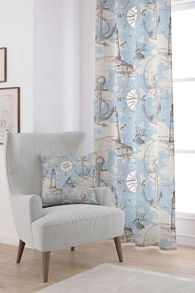 Cango Home White Blue Marine Themed Patterned Digital Printed Curtain Otyk787-pr