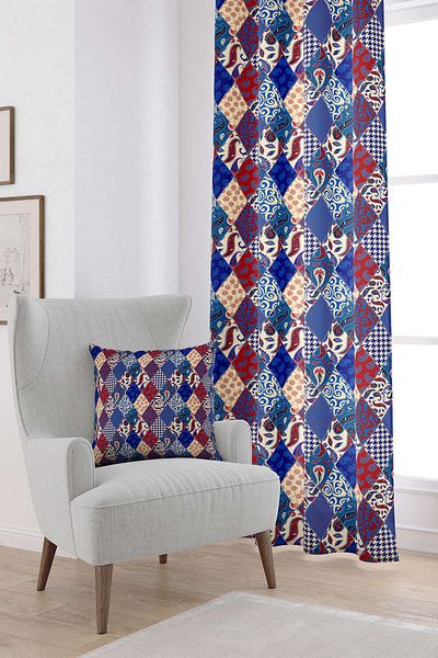 Cango Home Red Navy Blue Ethnic Patchwork Patterned Digital Printed Curtain Cgh622-pr