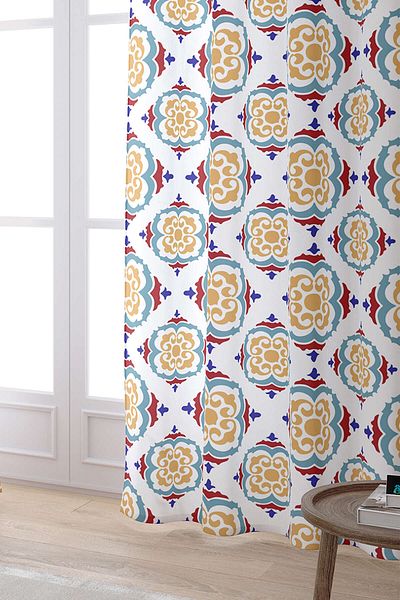 Cango Home White Blue Modern Ethnic Tile Patterned Digital Printed Curtain Cgh570-pr