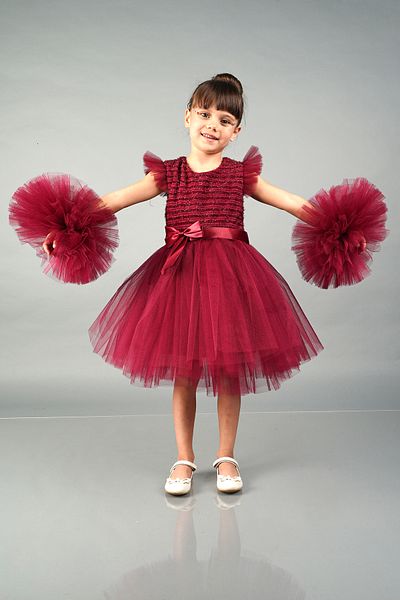 Mixie Burgundy Pompom Sleeves Tulle Girls' Evening Dress Party Dress