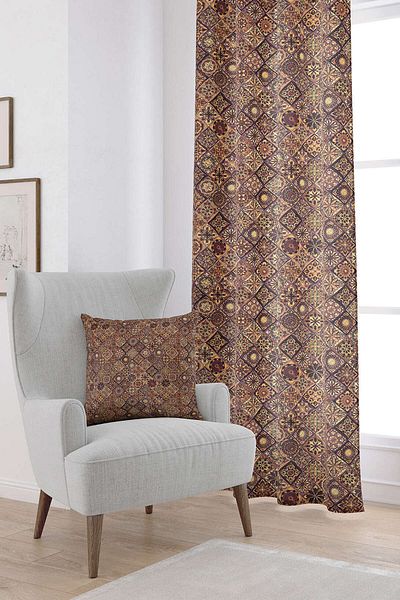 Cango Home Καφέ Κίτρινο Ρετρό Vintage Μοτίβο Ψηφιακή Εκτυπωμένη Κουρτίνα Otyk051-pr