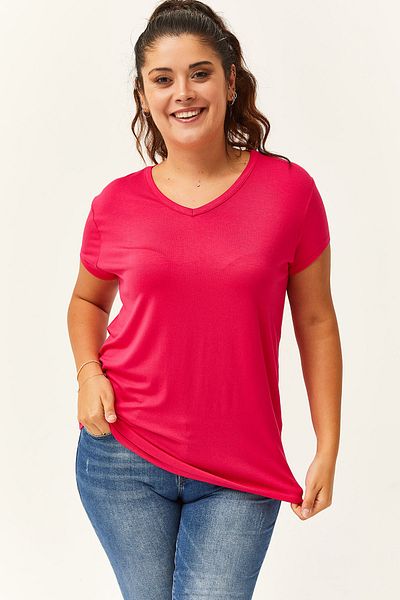 Ebsumu Plus Size V-Neck Pink Basic T-Shirt - Short Sleeve