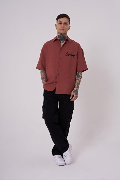 Machinist Men's Embroidered Basic Oversize Plum Shirt