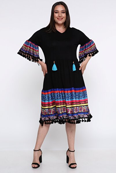 Ebsumu Women's Large Size Colorful Garni and Tassel Detailed Black Dress