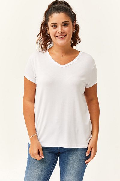 Ebsumu Tricou alb cu decolteu in V - dama, marime mare, maneca scurta