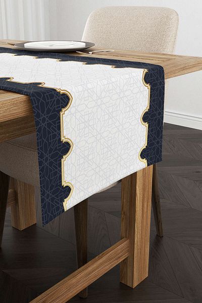 Cango Home Navy Blue White Ramadan Themed Decorative Patterned Digital Printed Runner Cgh1312-rn