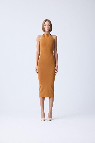 rue Midi Orange Knitwear Dress with Off-The-Shoulder Detail