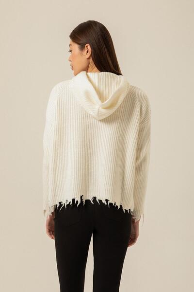 Rue Studio Ecru Hooded Knitwear with Fringed Hem