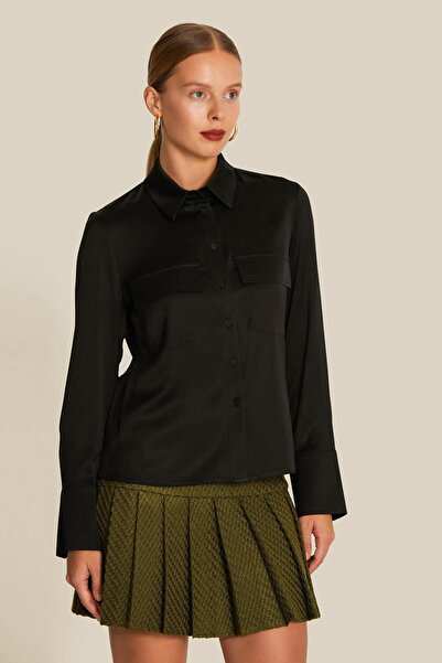 rue Μαύρο σατέν πουκάμισο με λεπτομέρεια διπλής τσέπης