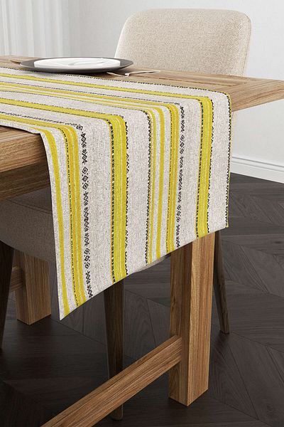 Cango Home Yellow Cream Ethnic Striped Patterned Digital Printed Runner Cgh942-rn