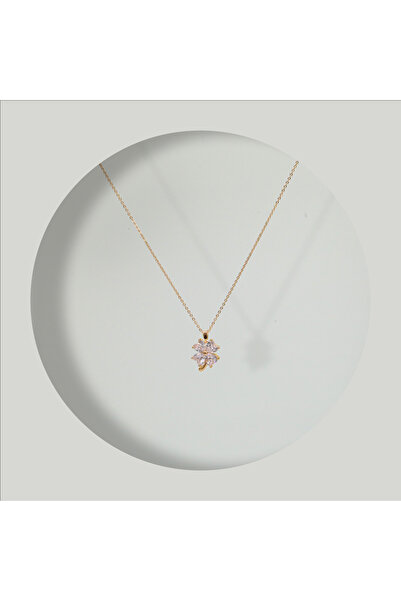 FOURSOLOS Çelik Kadın Kolye, Taşlı Yonca Detaylı, Gold Renk, No:91