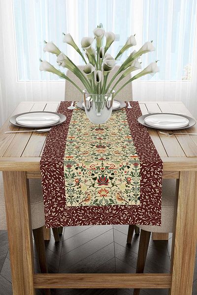 Cango Home Motiv Roșu Claret Motiv Floral Pasăre Imprimat Digital Runner Cgh1381-rn