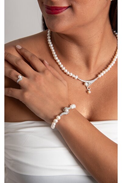 Sinemkacay 925 AYAR GÜMÜŞ RODYUM (BEYAZ ALTIN) KAPLAMA GERÇEK İNCİ SET