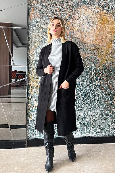ModaPlaza Cardigan lung de tricotaje negre pentru femei cu buzunare 4341