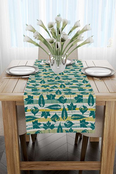 Cango Home Albastru Verde Frunze Decorative Model Imprimate Digital Runner Cgh1196-rn