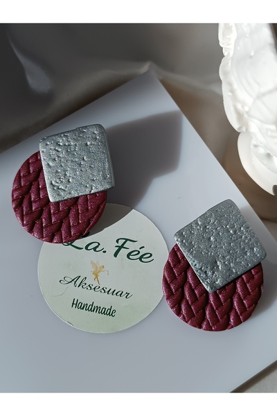 La fee aksesuar أقراط بإبرة من الفولاذ باللون العنابي منقوشة بنسيج الحمار الو...