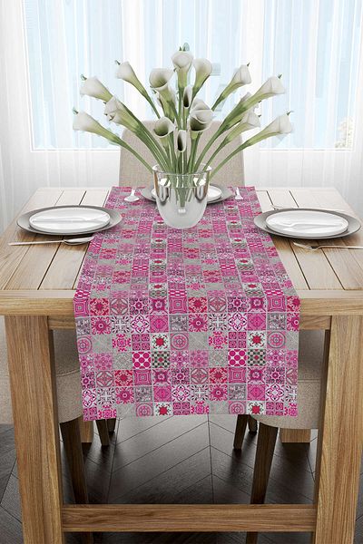 Cango Home Pink Gray Ramadan Themed Decorative Patterned Digital Printed Runner Cgh1327-rn