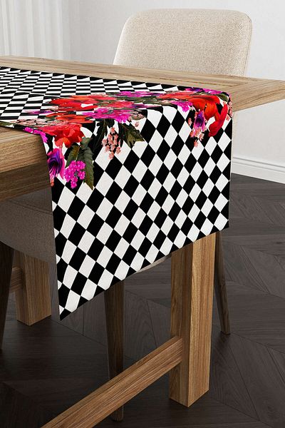Cango Home Runner cu imprimare digitală cu model floral în carouri alb-negru Cgh1107-rn
