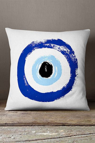 INSENSE HOME Velvet Babyface, alb, albastru, mărgele de ochi rău, cu model, cu mărgele, husă de pernă - Cgh477