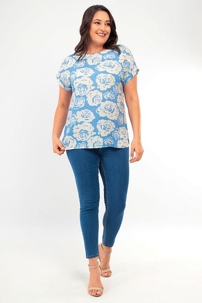 Trend42plus Plus Size Patterned Low Sleeve Basic Blue Blouse