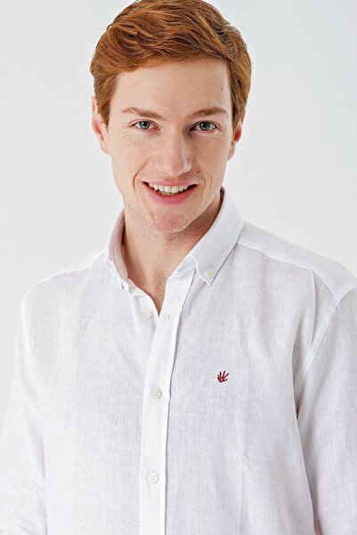 İmza Λευκό μακρυμάνικο χωρίς τσέπη 100% λινό Classic Comfort Fit πουκάμισο με χαλαρή εφαρμογή 1004240186