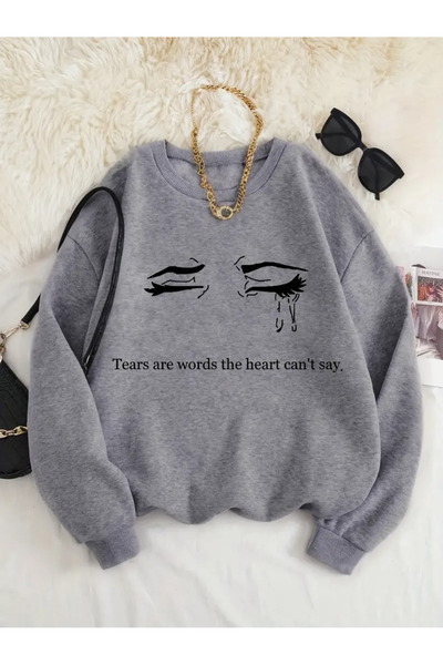 Frisson Γκρι γυναικείο φούτερ με στάμπα με λαιμόκοψη ποδηλάτου