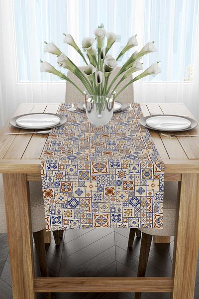 Cango Home Καφέ Μπλε Ethnic Πλακάκι με μοτίβο ψηφιακής εκτύπωσης Runner Cgh611-rn