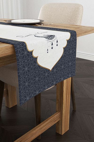 Cango Home Navy Blue White Ramadan Themed Decorative Patterned Digital Printed Runner Cgh1307-rn