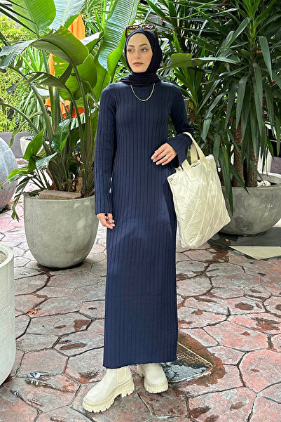lamelif Crew Neck Ribbed Knitwear Hijab Dress Navy Blue