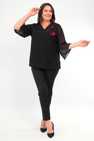 Trend42plus Plus Size Floral Embroidered Chiffon Black Blouse